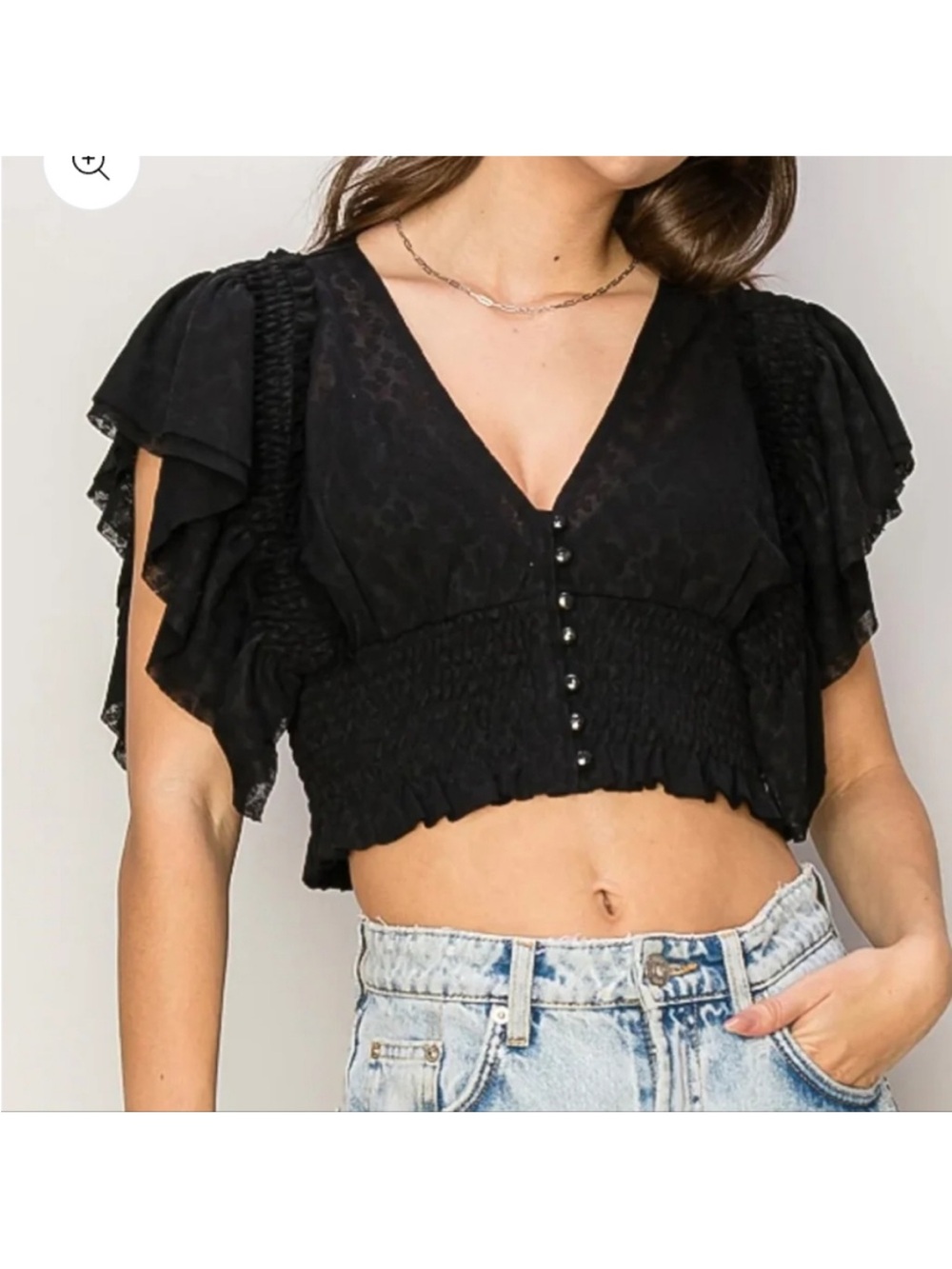 HYFVE Black Smocked Ruffle Sleeve V-Neck Crop Top